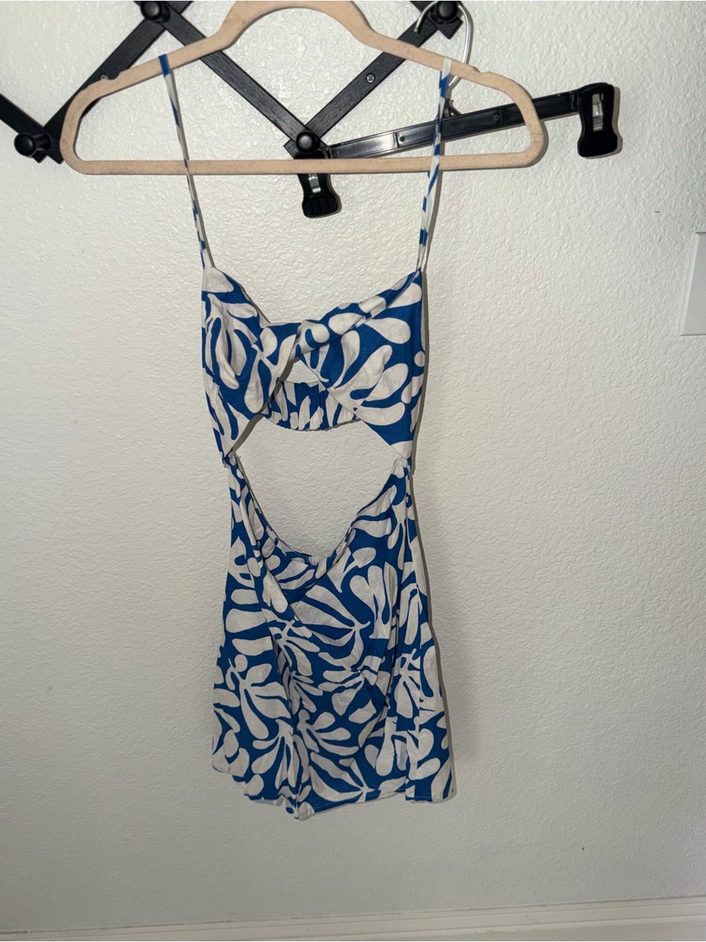 Solid & Striped Elodie Leaf Print Cotton Cutout Open Back Mini Dress Blue Size L - Picture 3 of 5